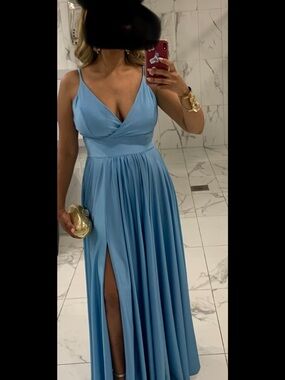 Jessica Angel Satin Light Blue V-Neck Spaghetti Strap Dress